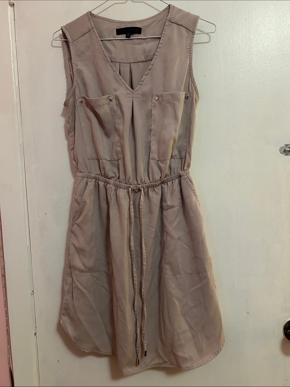 Sleeveless V-Neck Drawstring Waist Dress in Light Taupe